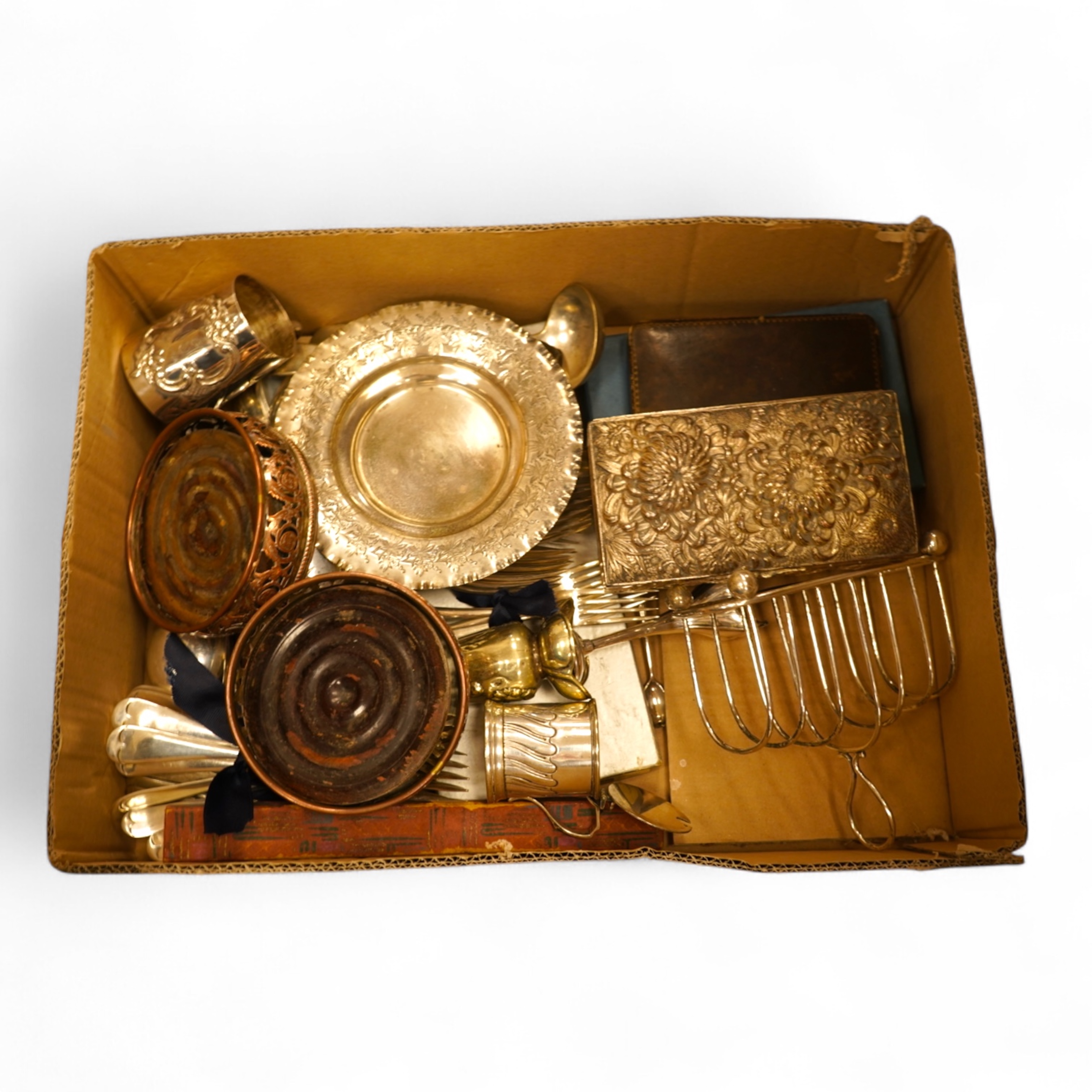 A quantity of assorted plated wares including a pair of 19th century wine coasters, antimony box, toast rack and flatware.